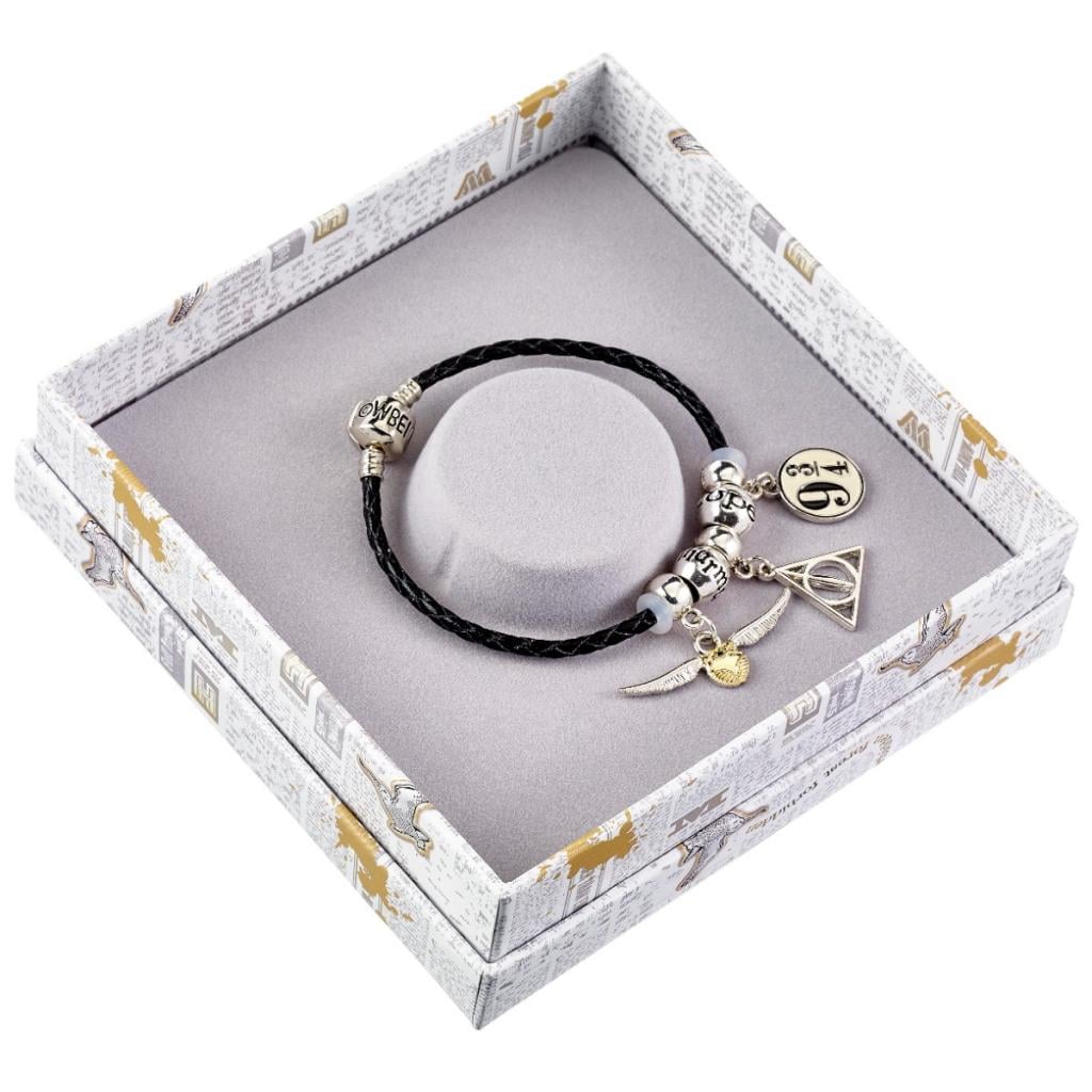 HARRY POTTER - Bracelet en Cuir + 3 Charmes + 2 Perles - Plaqué Argent - 2