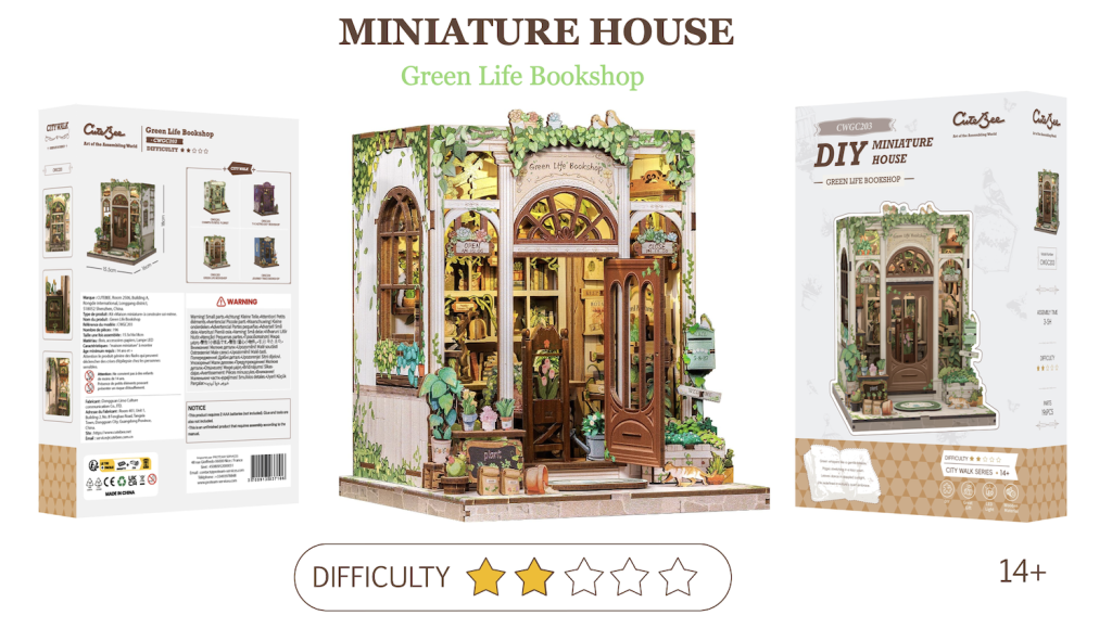 MINIATURE HOUSE - DIY - Green Life Bookshop - 196pc + LED Light - 2