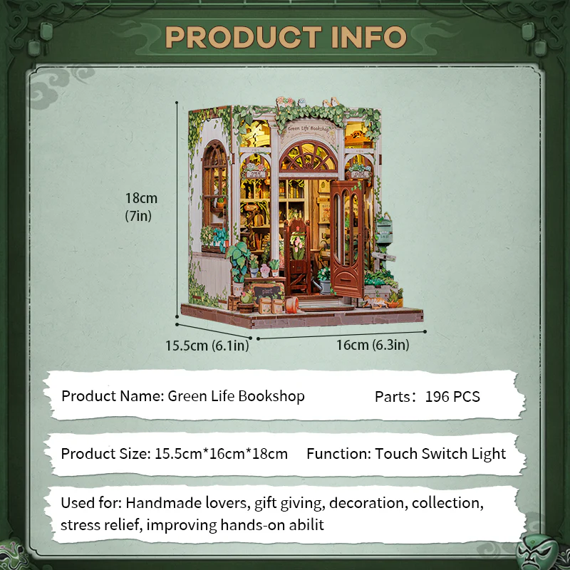 MINIATURE HOUSE - DIY - Green Life Bookshop - 196pc + LED Light - 6